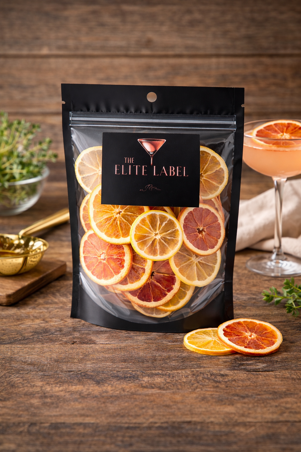 Packaged dried citrus slices with 'The Elite Label' branding on a wooden surface.
