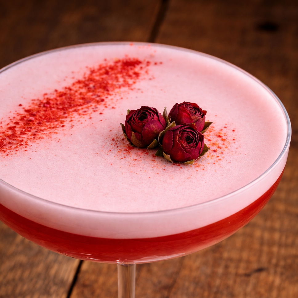 Cocktail with red foam and rose petal garnishes on a wooden surface