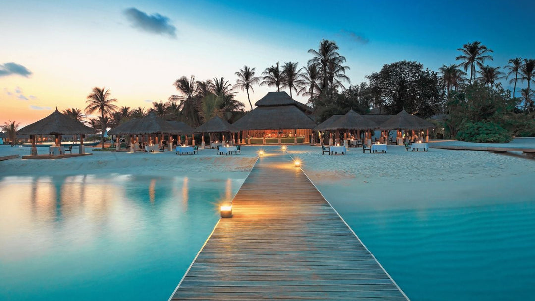 Beach scene with lounge chairs and palm tree, followed by a resort pool area with wooden walkway.