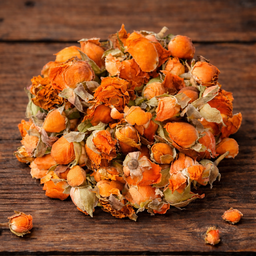 Dried orange flowers on a wooden surface