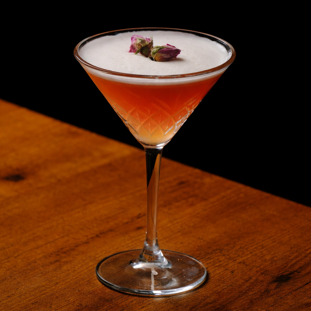 Cocktail in a martini glass with a dark background with floral rosebud garnish