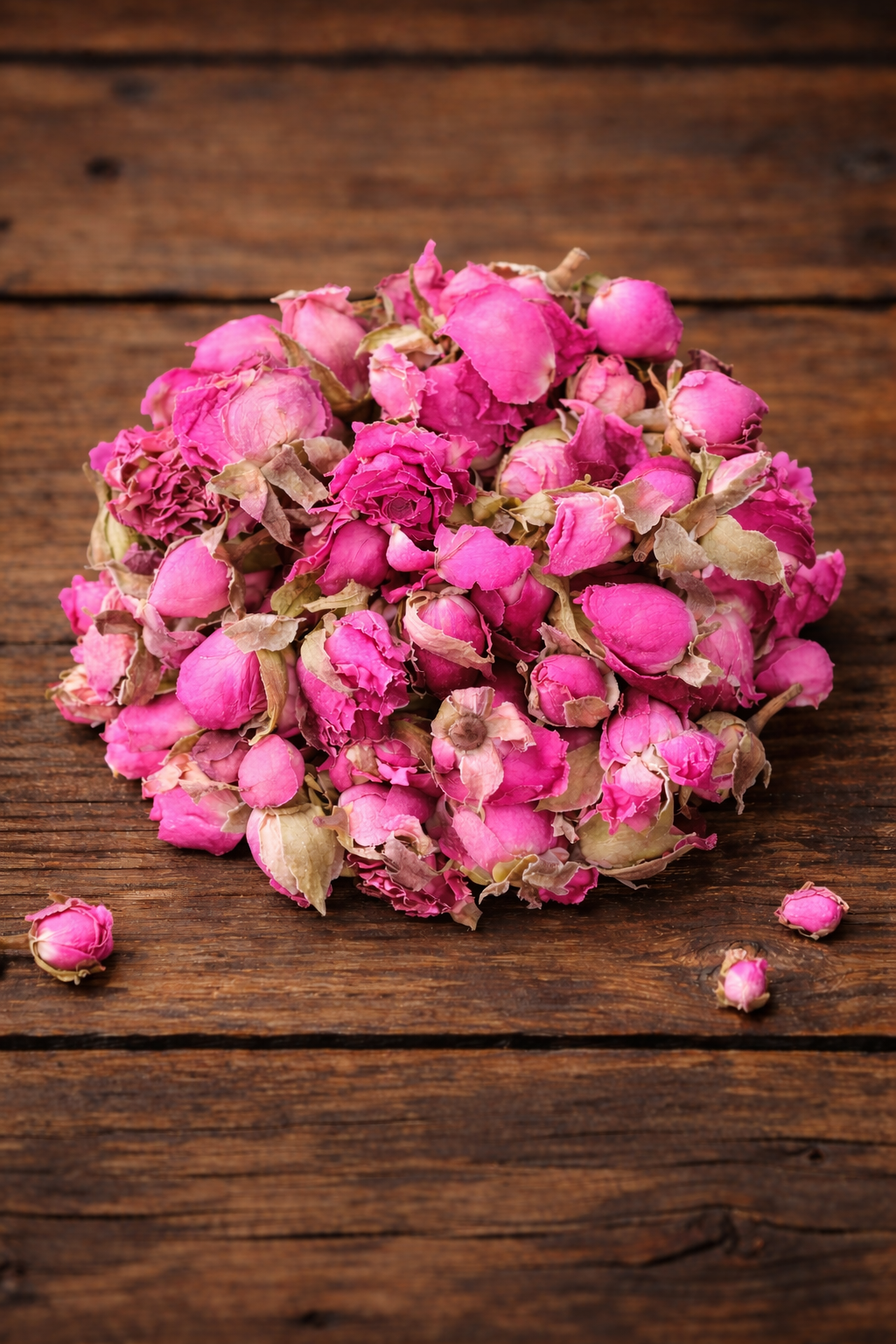 Pink dried flowers on a wooden surface