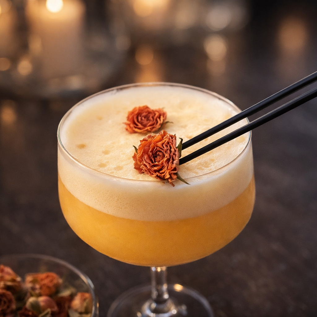 Cocktail with dried flower garnishes on a dark background