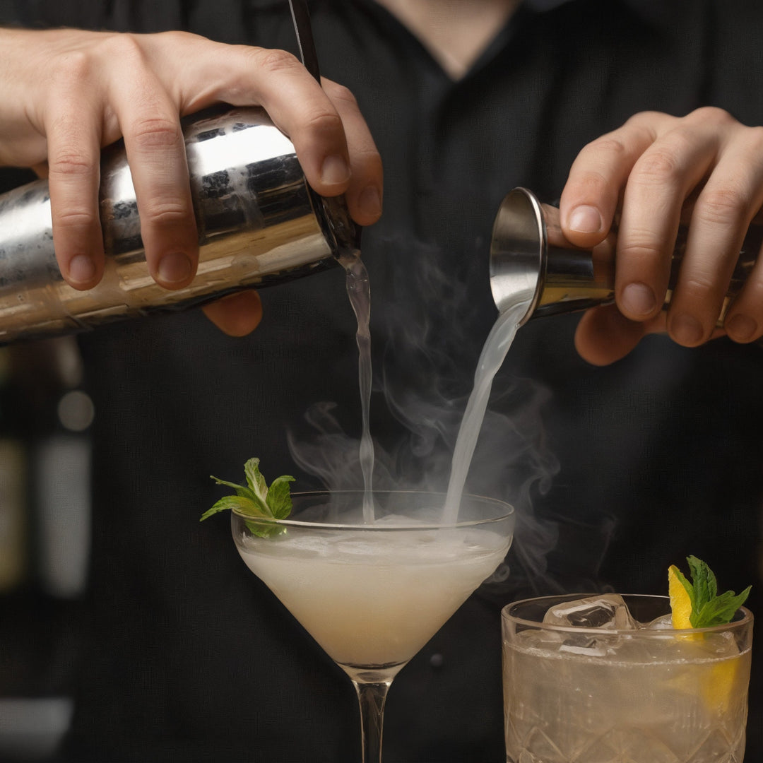 Cocktail being poured with steam, garnished with a sprig of mint, against a blurred bar background.