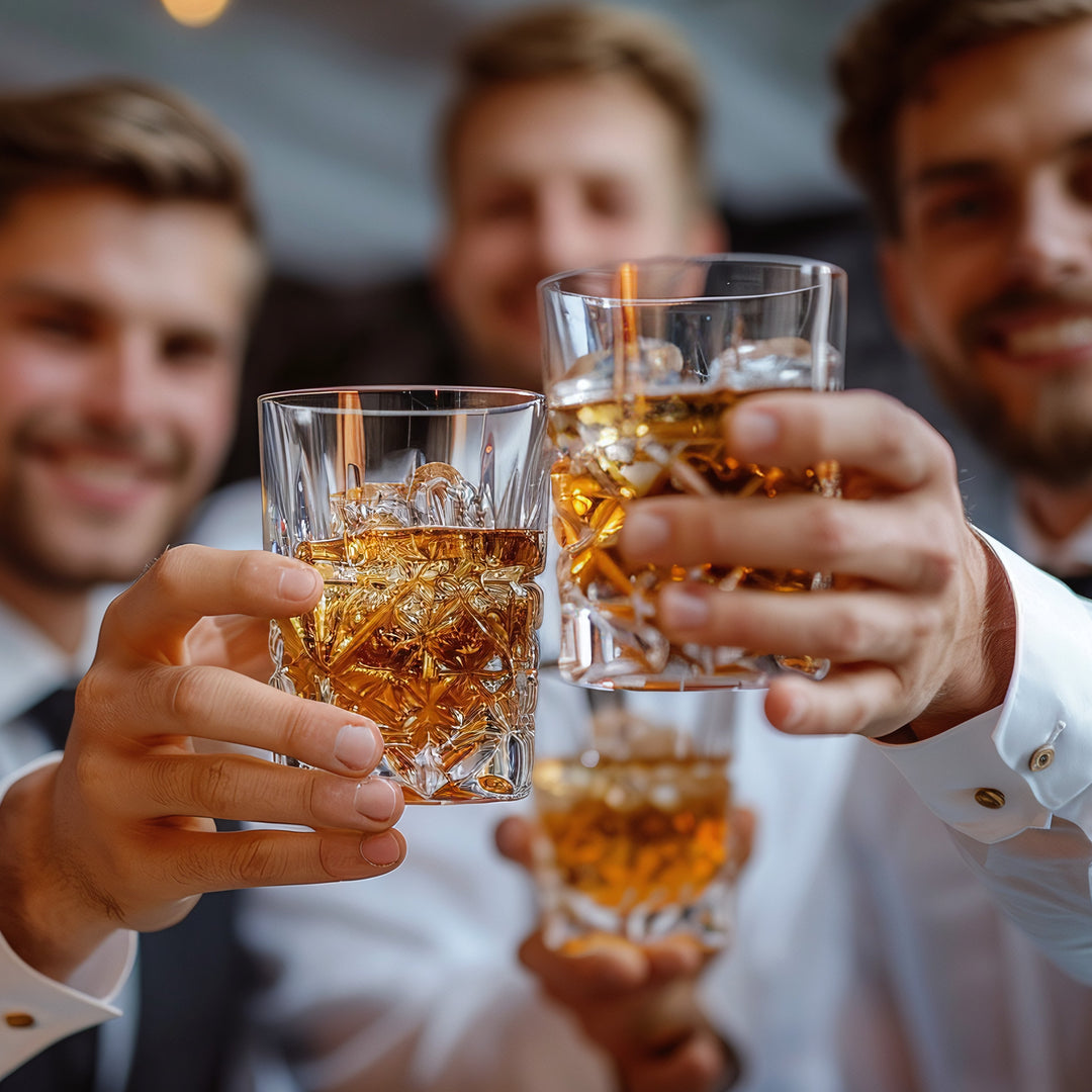 Three men toasting with glasses of whiskey in a festive setting.