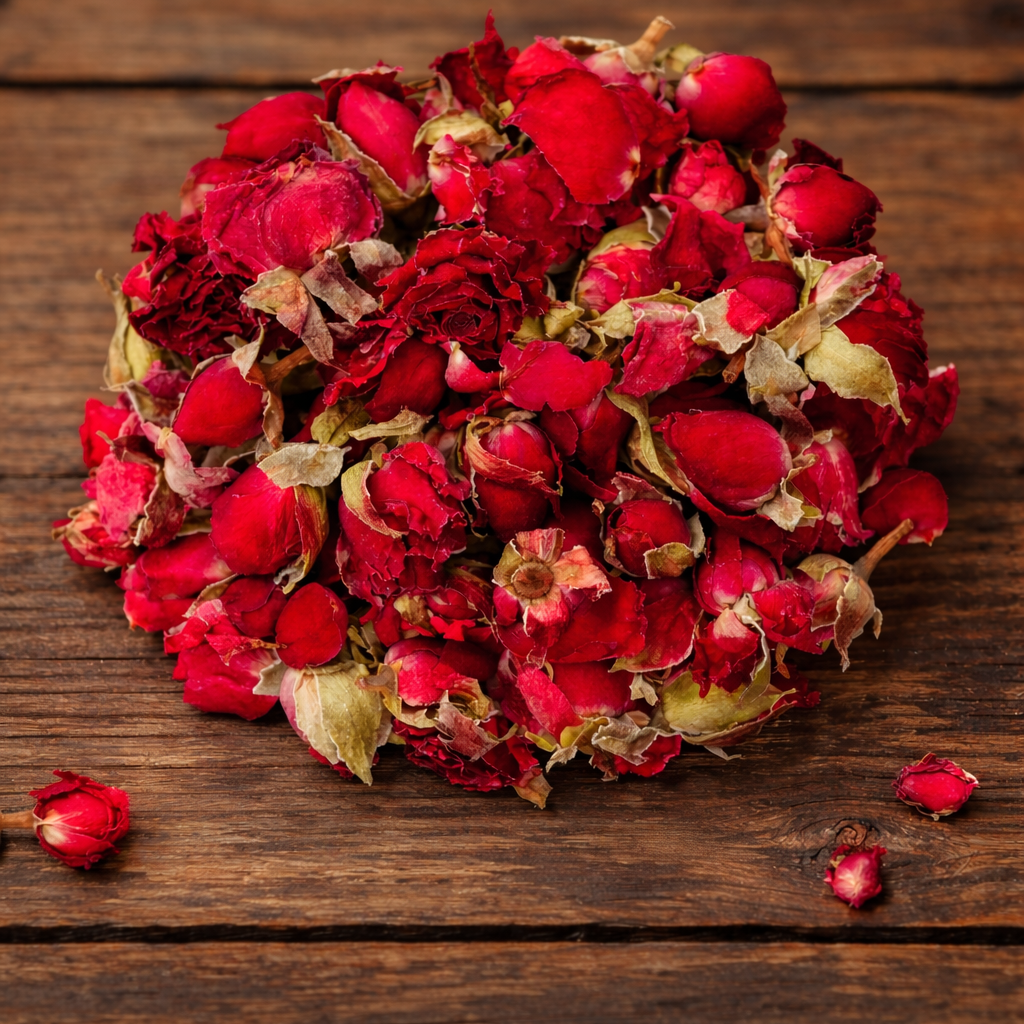 Bouquet of dried red roses on a wooden surface