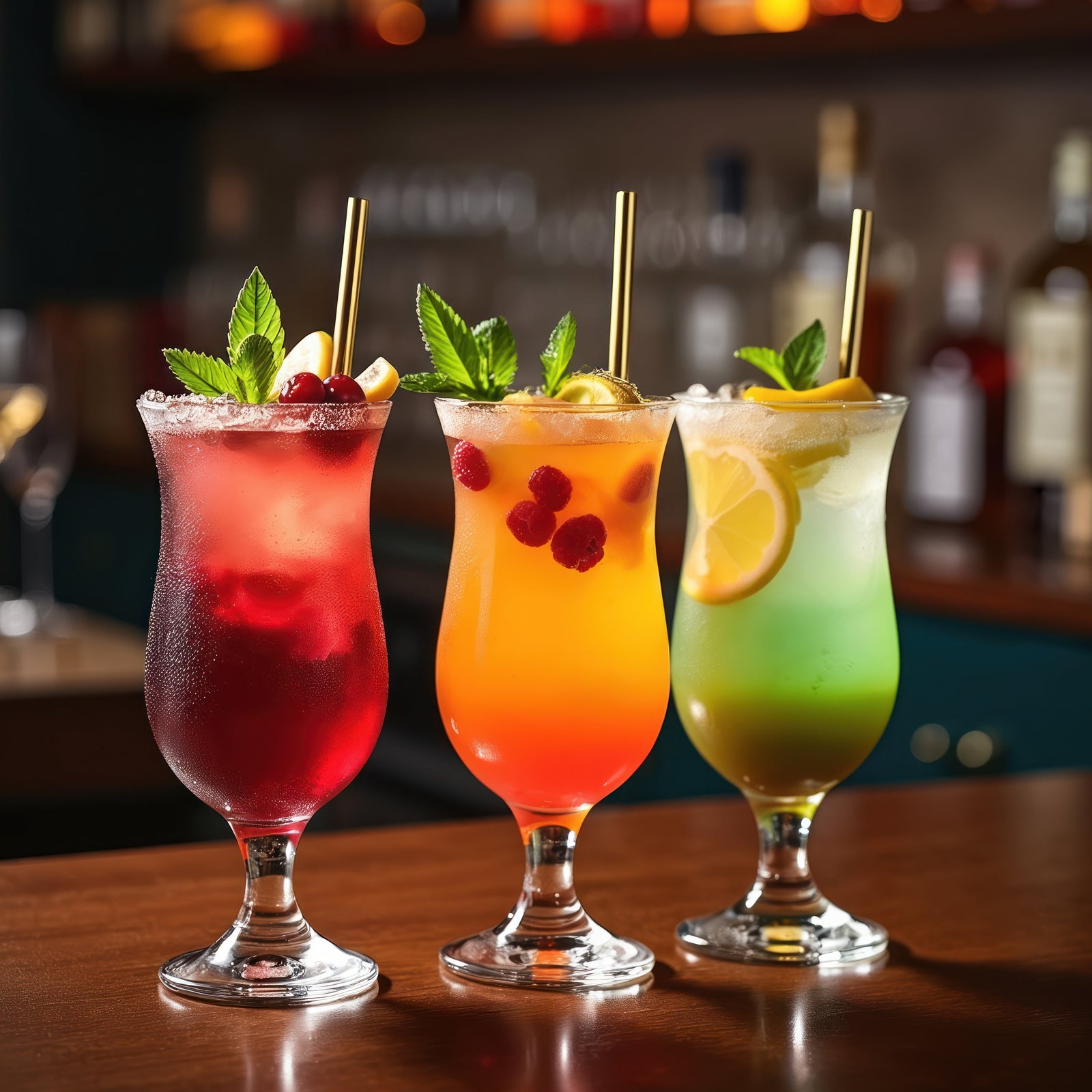 Three colorful cocktails with garnishes on a bar counter, with blurred bottles in the background.