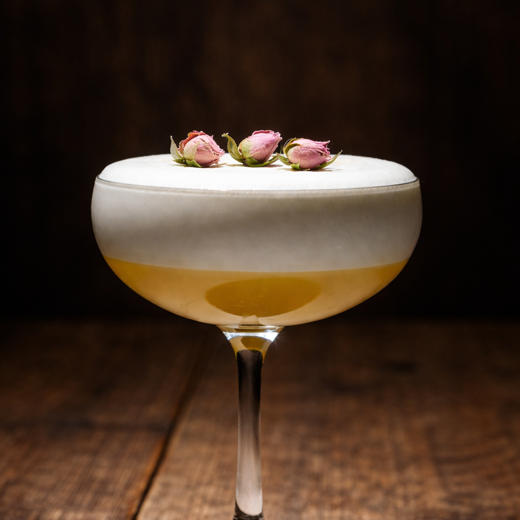 Cocktail with a white foam top and pink flowers garnish on a wooden surface