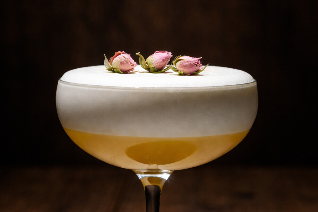 Cocktail with a white foam top and pink flower garnishes on a wooden surface