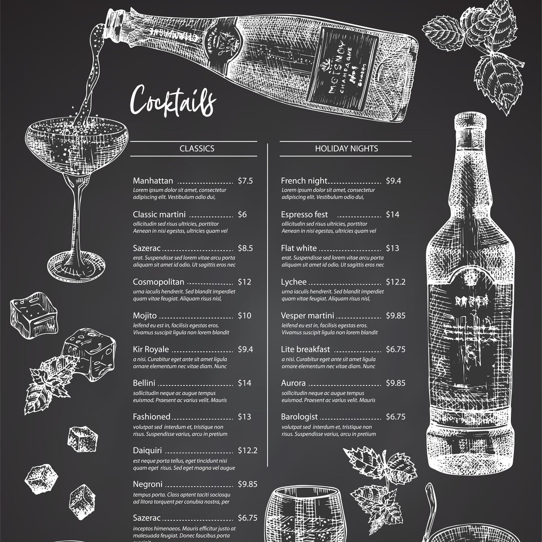 Vintage-style cocktail menu with illustrations of drinks and bottles on a dark background