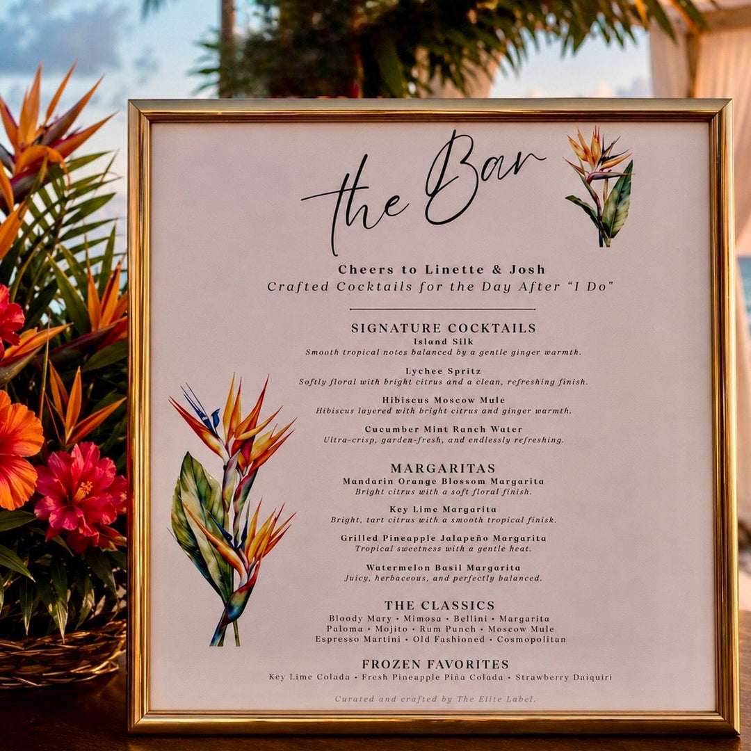 Framed cocktail menu with tropical plants and flowers in the background