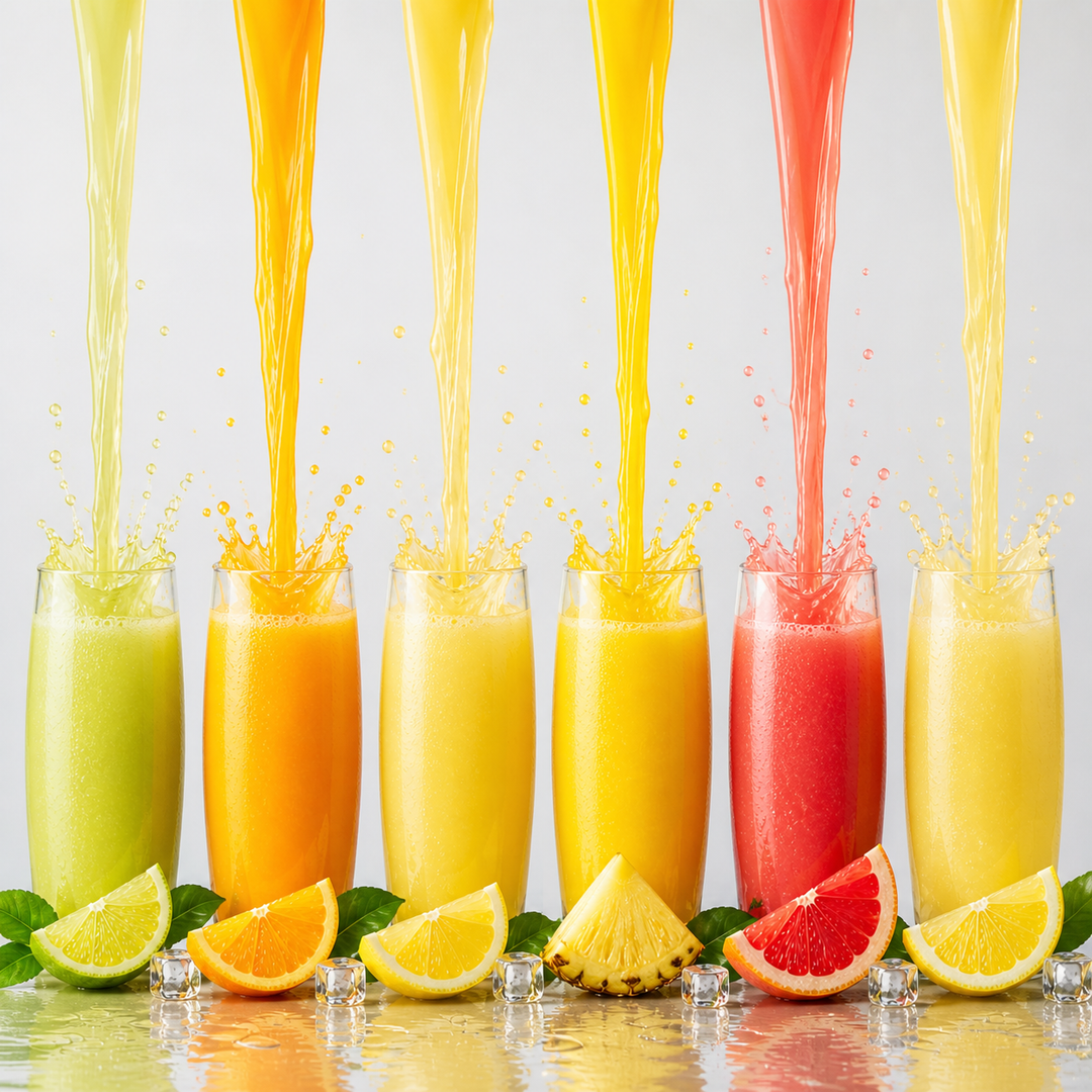 Colorful juices being poured into glasses with splashes, surrounded by fruits on a light gray background.