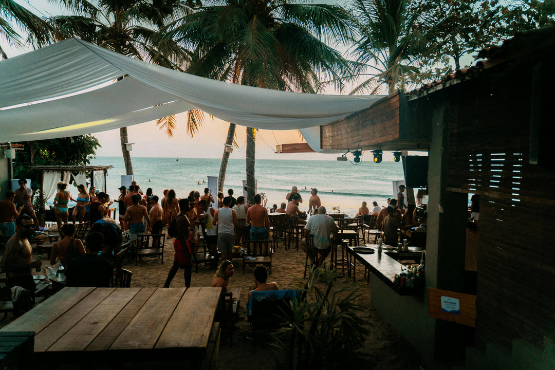 People enjoying a sunset at a beachside bar with palm trees and ocean view.