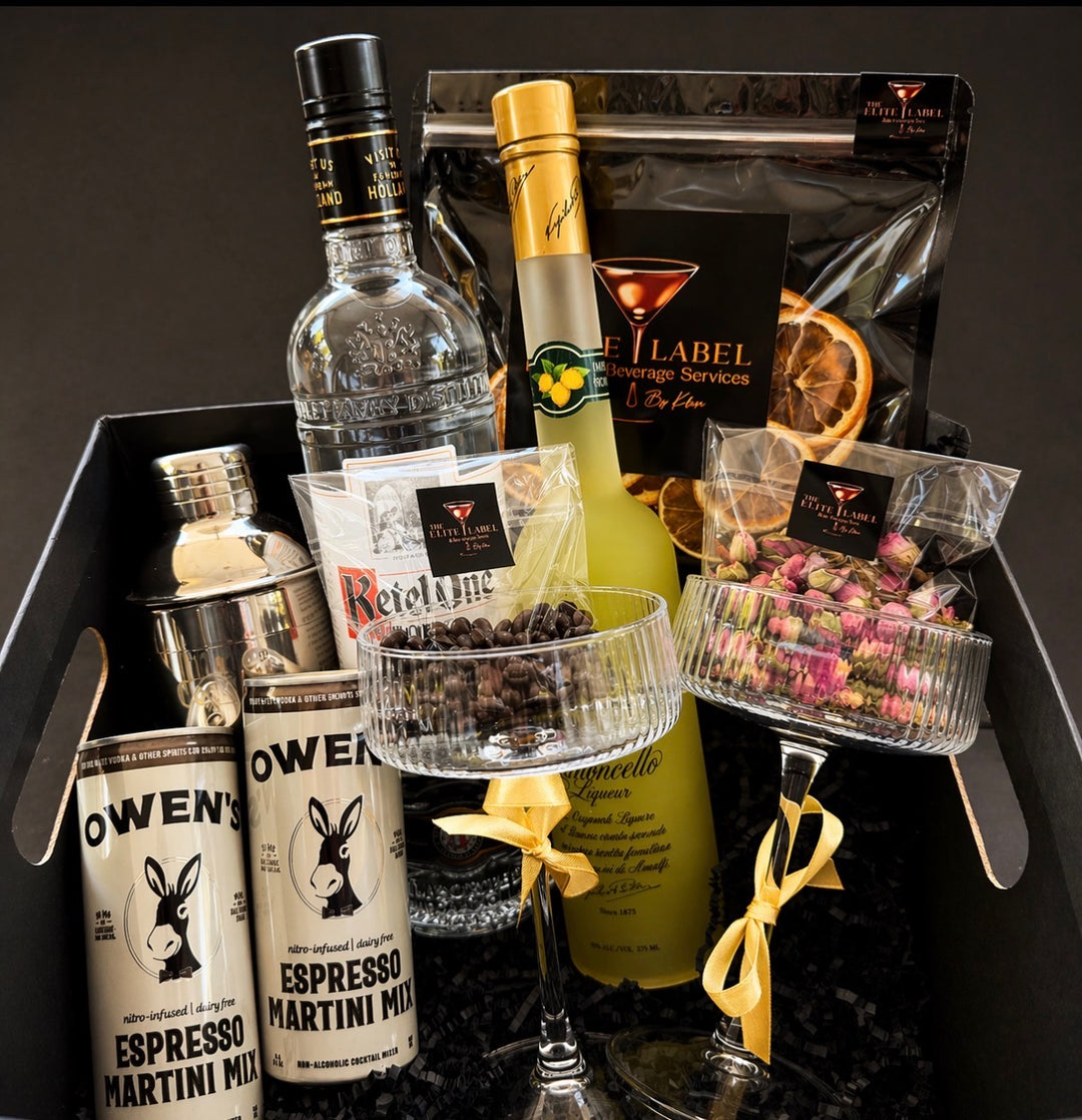 Alcohol gift set with bottles and mixers in a box