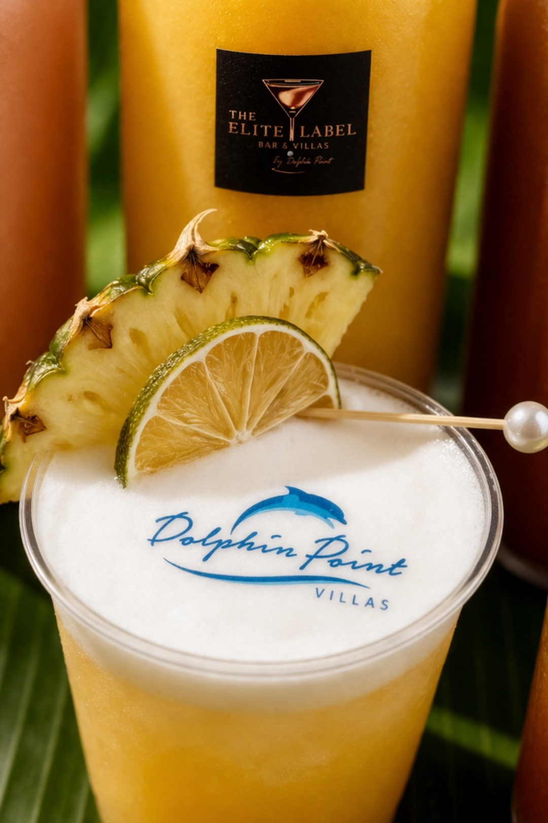 Tropical drink with pineapple and lemon garnish, edible cocktail topper that says 'Dolphin Point Villas', on a green leaf background.