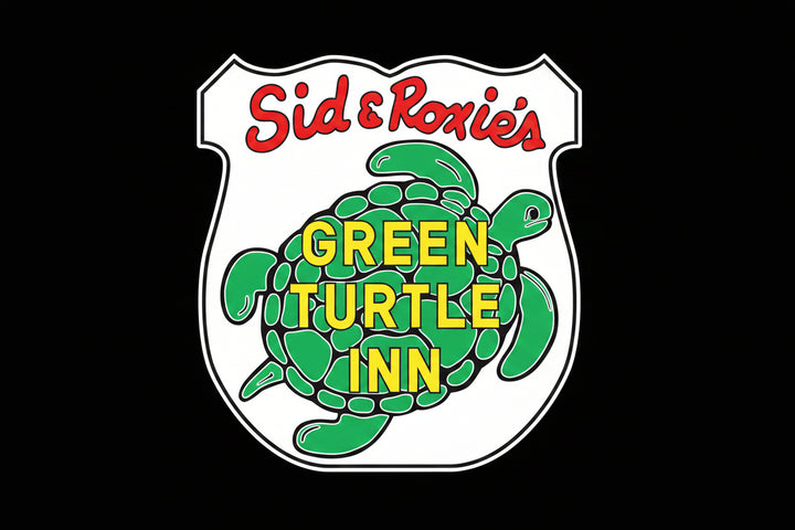 Logo of Sid & Roxie's Green Turtle Inn with a green turtle illustration on a white shield shape against a black background.